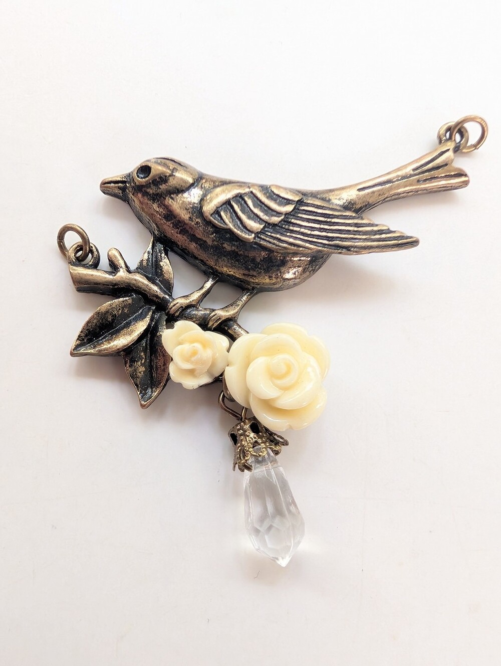 Vintage Antique Gold Tone Floral Bird On Branch Floral Cottagecore Pendant